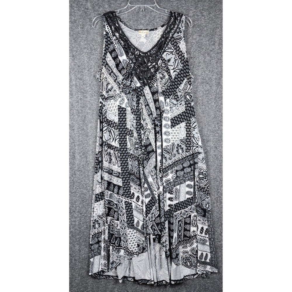 World Unity Dress Womens XL Black White Paisley Patchwork Boho High Low Midi